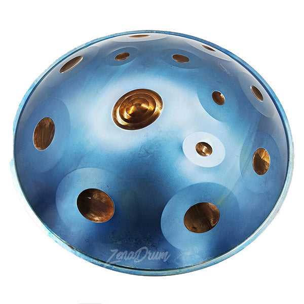 Blue metallic Handpan Drum with golden tone holes, perfect for musicians