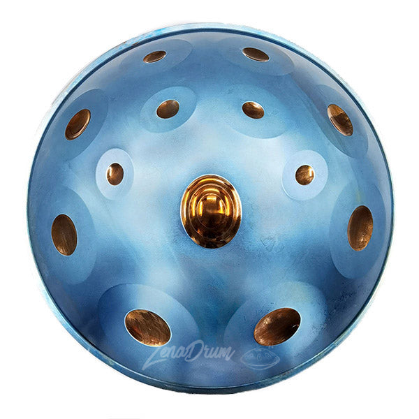 Light blue Golden Blue D Minor Handpan Drum with golden tone holes for musicians