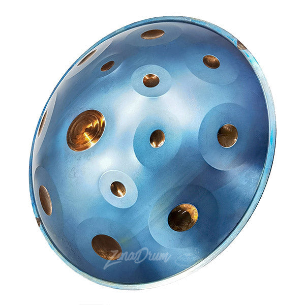 Light blue Golden Blue D Minor Handpan Drum with golden tone holes for musicians