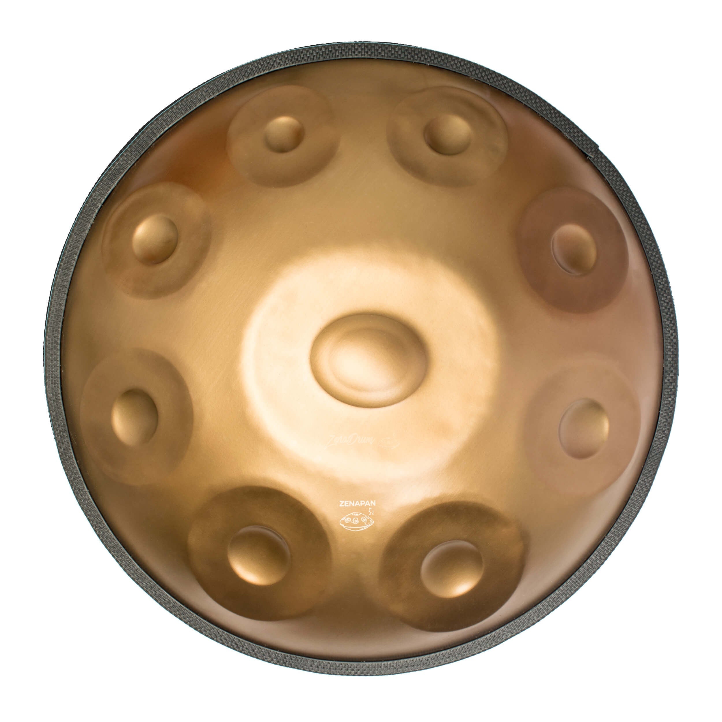 Golden D Minor Handpan Drum with nine circular notes in radial pattern for sale