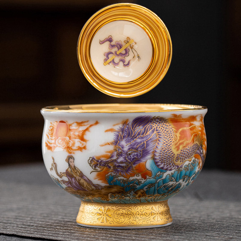 Golden Eagle & Auspicious Dragon Gilt Ceramic Tea Set with Gift Box