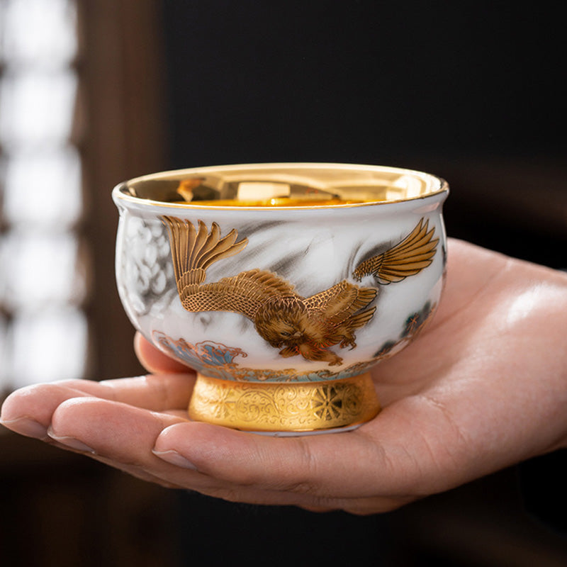 Golden Eagle & Auspicious Dragon Gilt Ceramic Tea Set with Gift Box