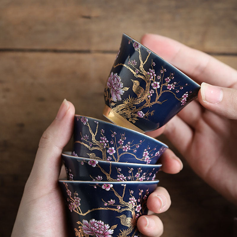 Golden Magpie & Peony Ceramic Teacup for Kung Fu Tea