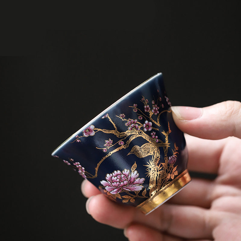 Golden Magpie & Peony Ceramic Teacup for Kung Fu Tea