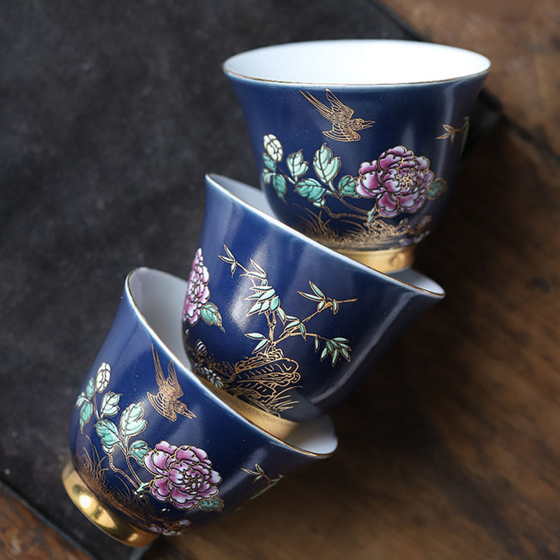 Golden Magpie & Peony Ceramic Teacup for Kung Fu Tea