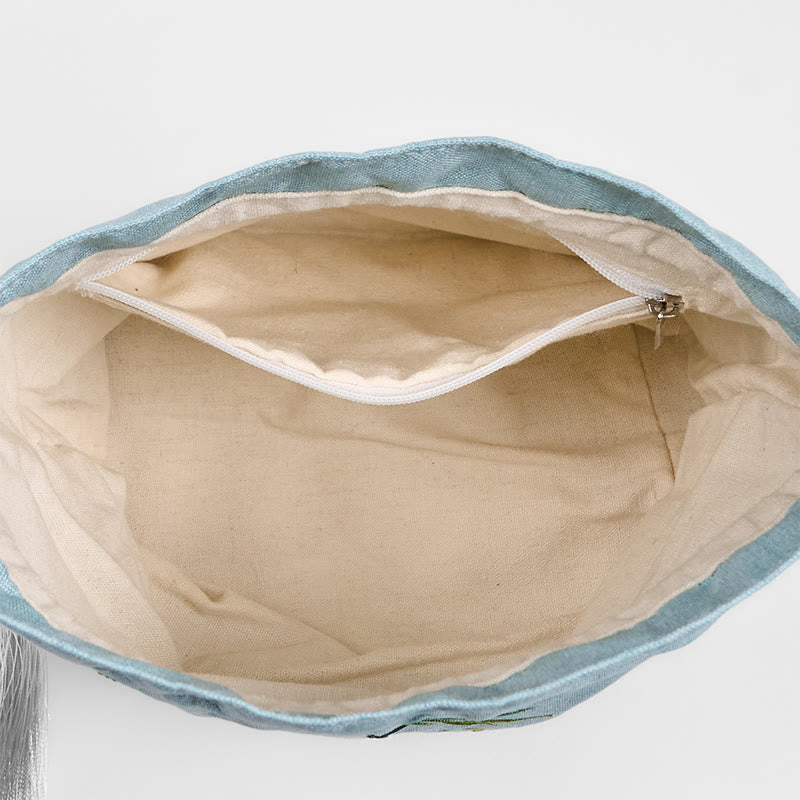 Green Bamboo Cotton Linen Crossbody Bag with Embroidery