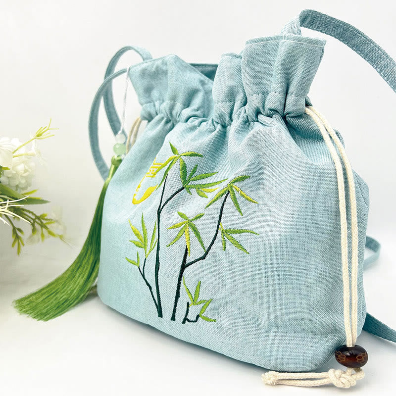 Green Bamboo Cotton Linen Crossbody Bag with Embroidery