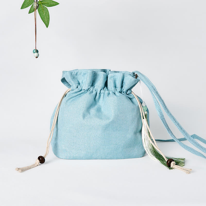 Green Bamboo Cotton Linen Crossbody Bag with Embroidery