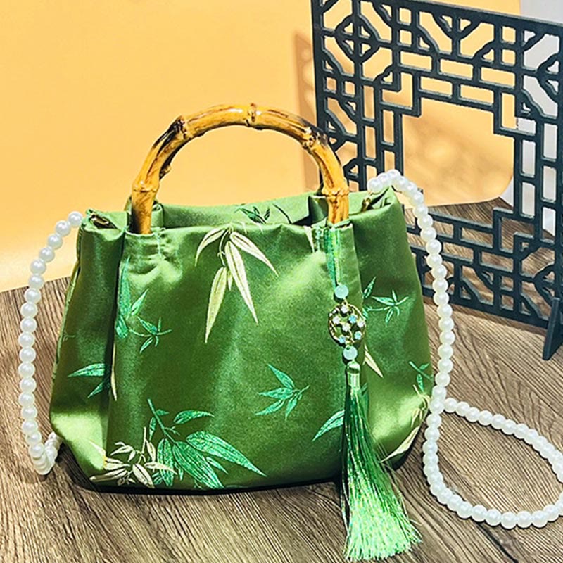 Green Bamboo Handle Pearl Crossbody Bag with Leaf Embroidery