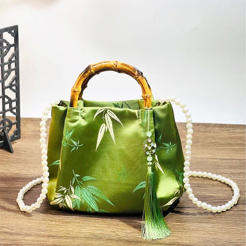 Green Bamboo Handle Pearl Crossbody Bag with Leaf Embroidery