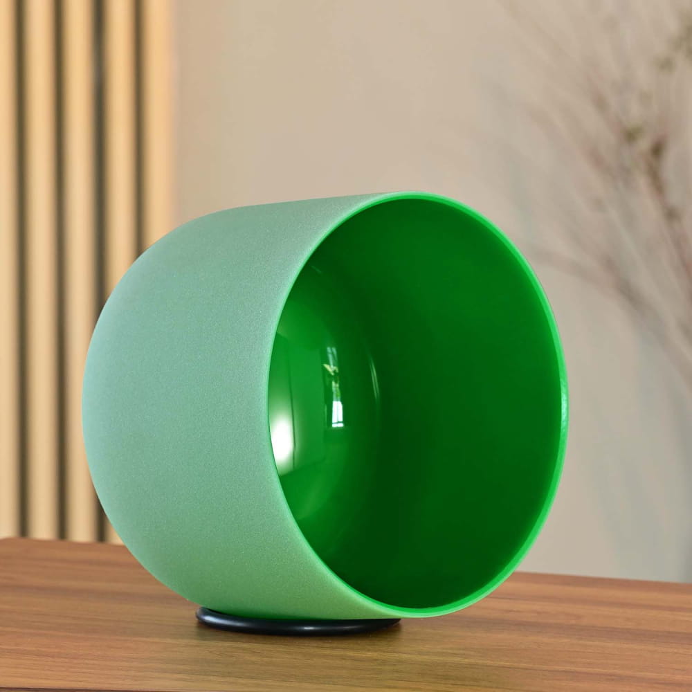 Round green ceramic vessel for F Note Heart Chakra Crystal Singing Bowl