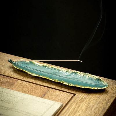 Green Feather Gold Edge Ceramic Incense Burner for Meditation