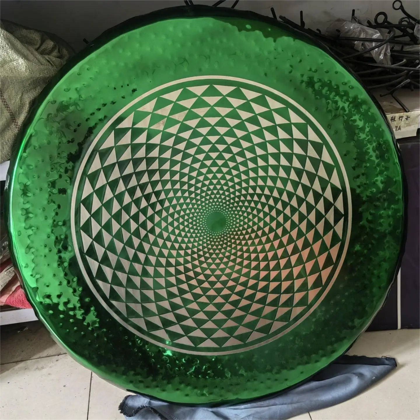 Green glass plate with geometric spiral pattern for Green Geometry Gong Instrument