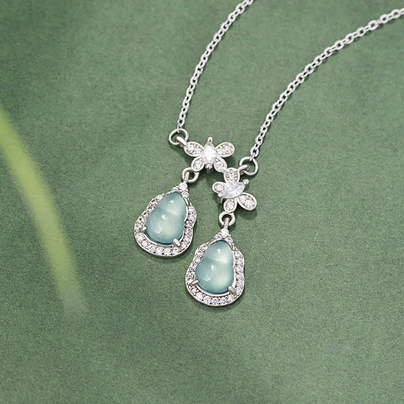 Green Jade Double Gourd Butterfly Luck Necklace