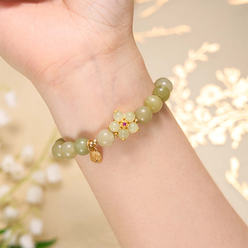 Green Jade Fu Character Luck Flower Bracelet 14-16cm