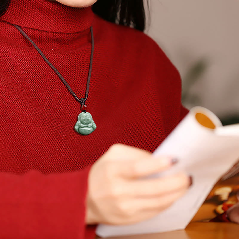 Green Jade Laughing Buddha Necklace for Luck & Abundance