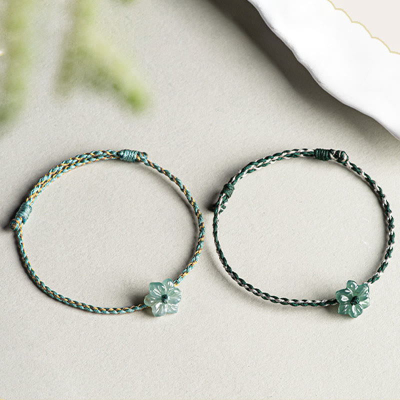 Green Jade Orchid Prosperity Bracelet with Braided String