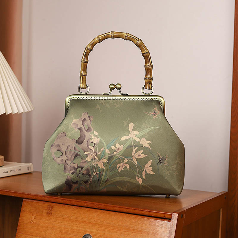 Green Plants Mountains Bamboo Handle Crossbody Bag in Green