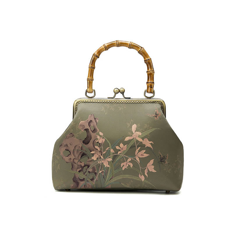 Green Plants Mountains Bamboo Handle Crossbody Bag in Green