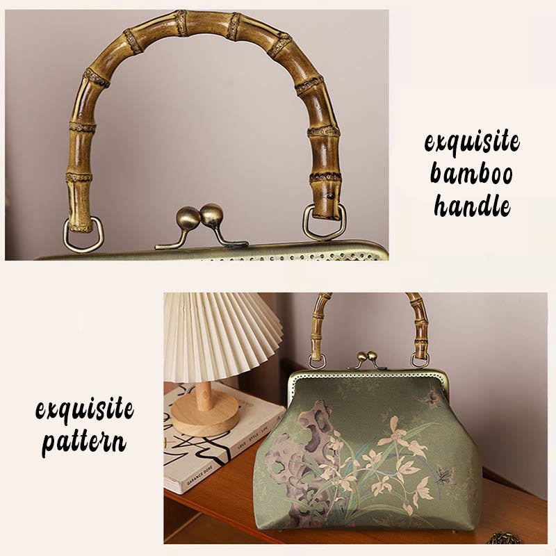 Green Plants Mountains Bamboo Handle Crossbody Bag in Green