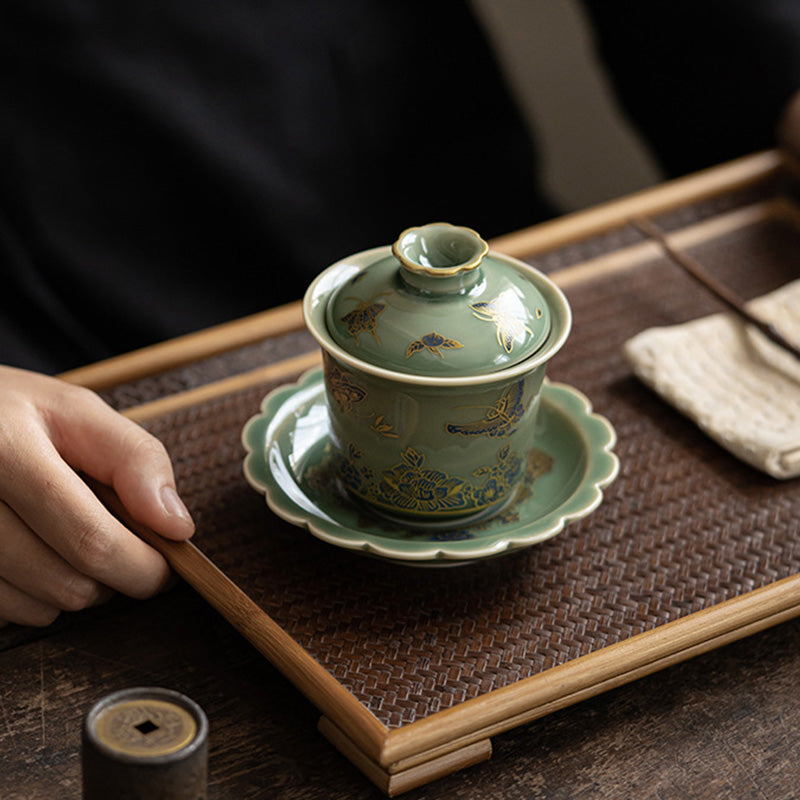 Green Porcelain Gaiwan Tea Set | Butterfly Flower & Salmon Design