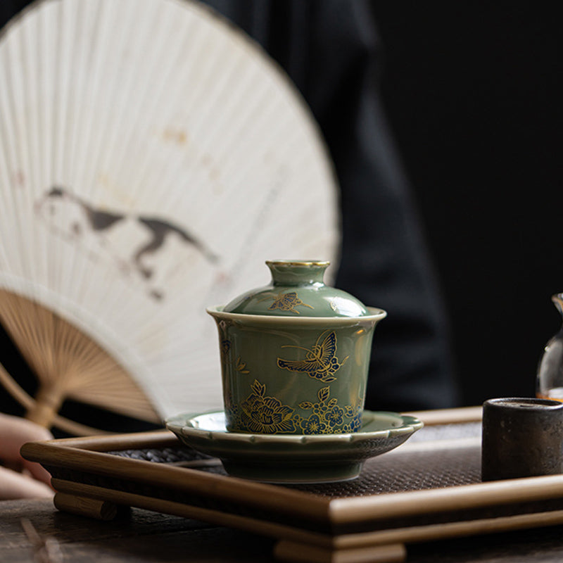 Green Porcelain Gaiwan Tea Set | Butterfly Flower & Salmon Design