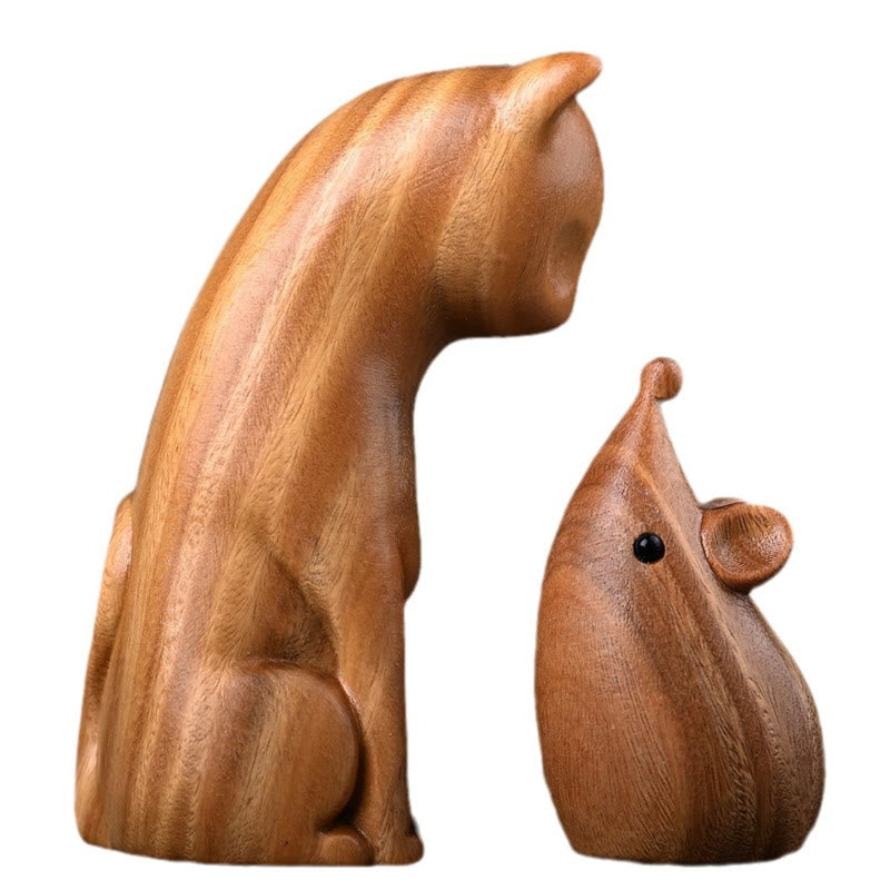 Green Sandalwood Cat and Mouse Figurines | Spiritual Animal Decor