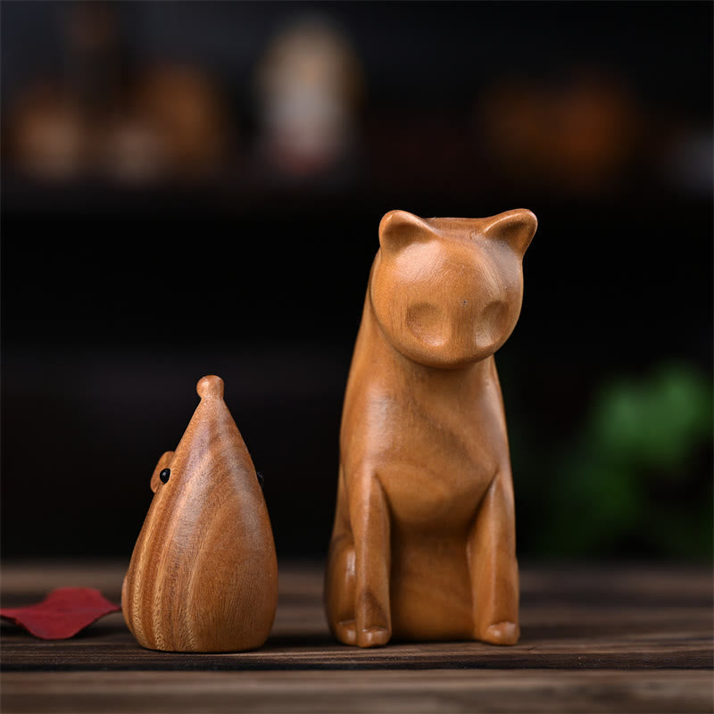 Green Sandalwood Cat and Mouse Figurines | Spiritual Animal Decor