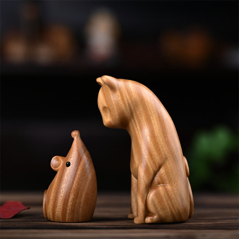 Green Sandalwood Cat and Mouse Figurines | Spiritual Animal Decor