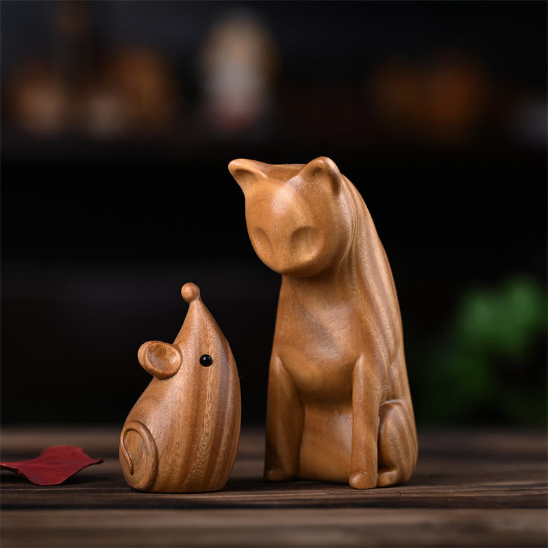 Green Sandalwood Cat and Mouse Figurines | Spiritual Animal Decor
