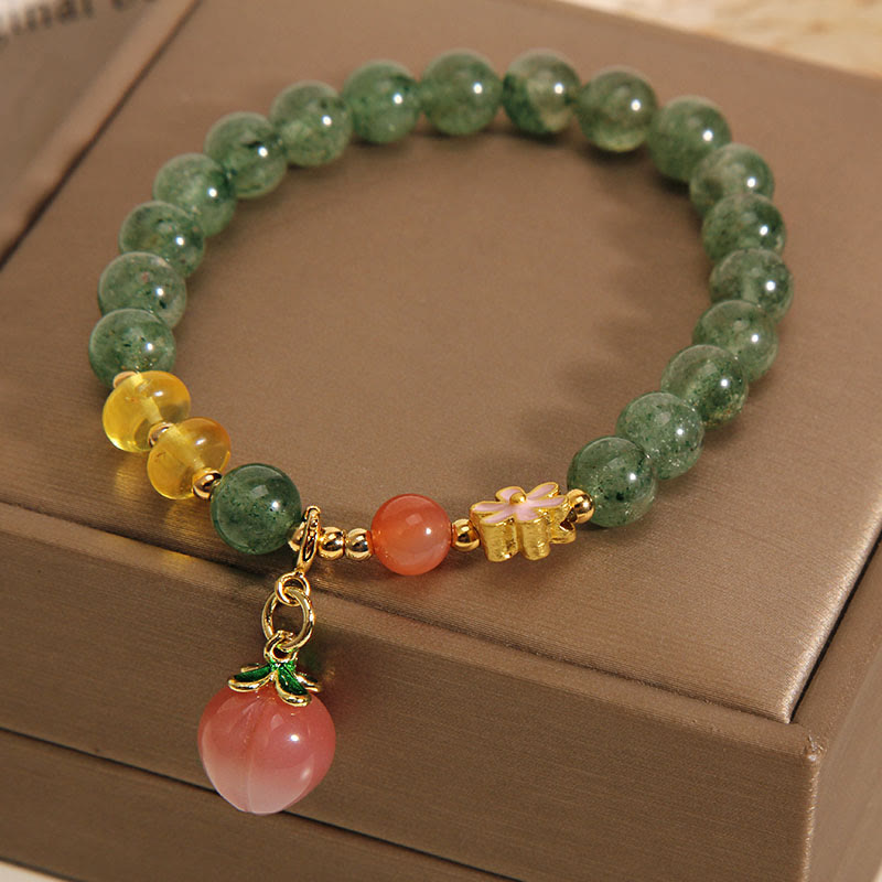Green Strawberry Quartz Love Peach Charm Bracelet for Emotional Balance