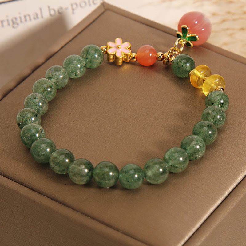 Green Strawberry Quartz Love Peach Charm Bracelet for Emotional Balance