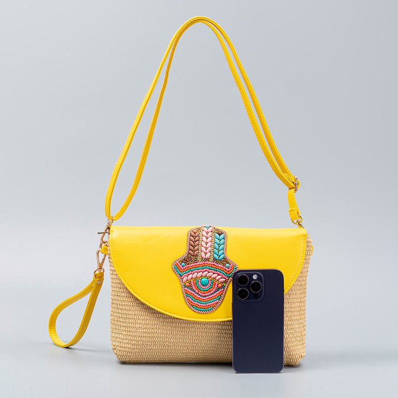 Hamsa Straw Crossbody Bag with Elephant & Flower Designs