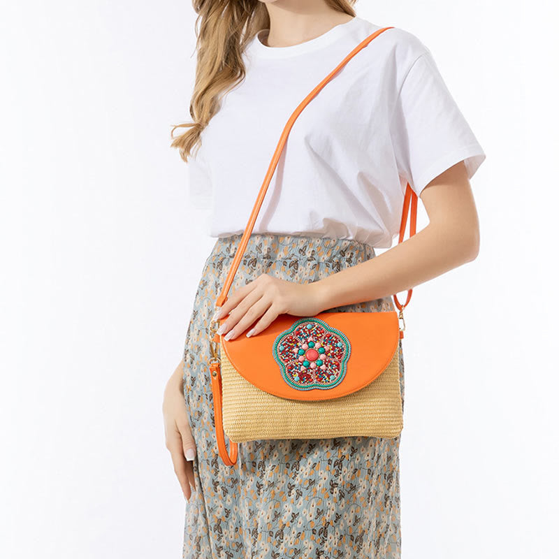 Hamsa Straw Crossbody Bag with Elephant & Flower Designs