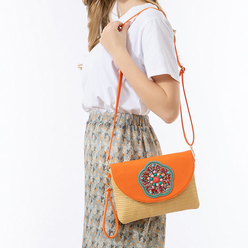 Hamsa Straw Crossbody Bag with Elephant & Flower Designs