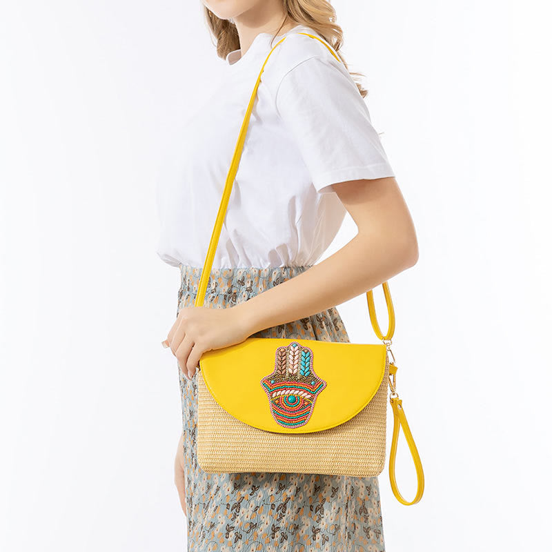 Hamsa Straw Crossbody Bag with Elephant & Flower Designs