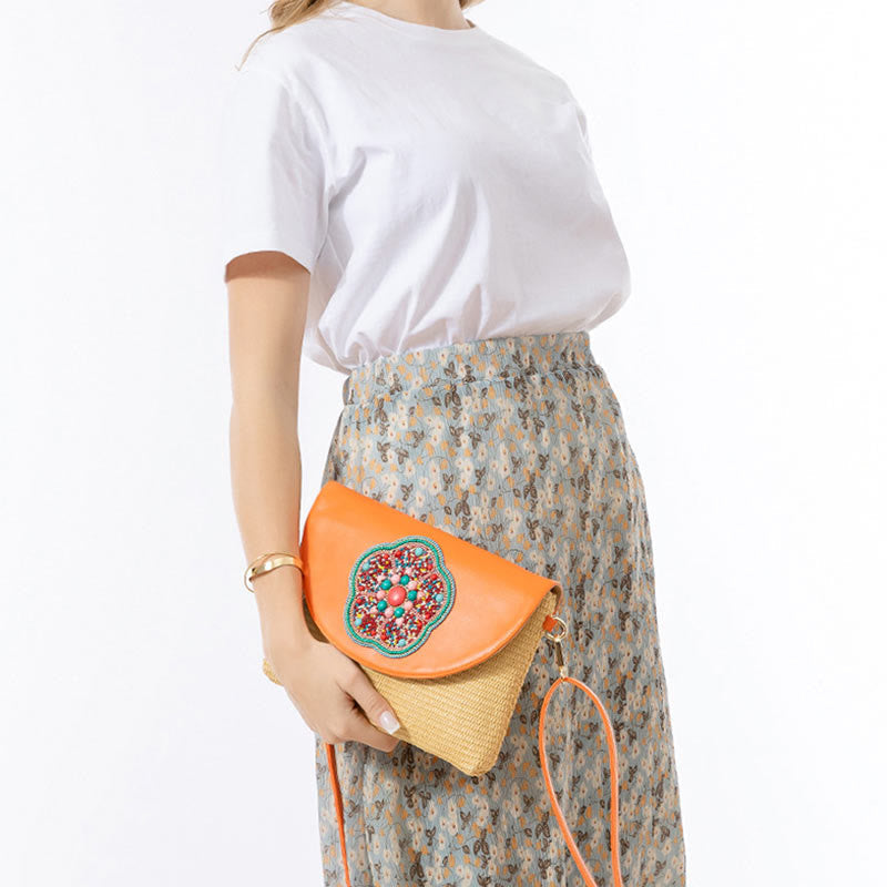 Hamsa Straw Crossbody Bag with Elephant & Flower Designs