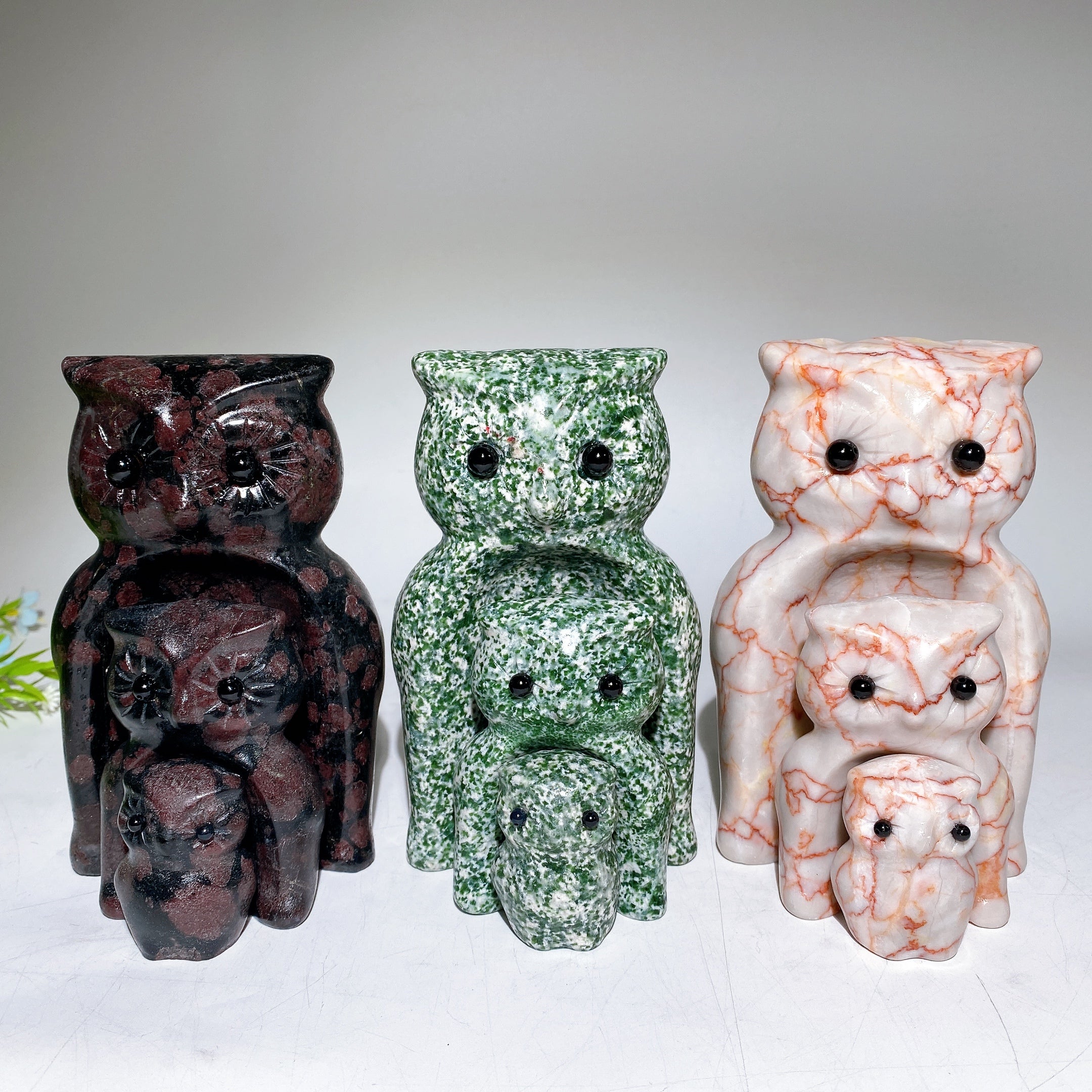 Hand Carved Crystal Owls Set Garnet Jasper Jade 2-6 inch