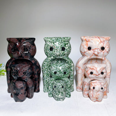 Hand Carved Crystal Owls Set Garnet Jasper Jade 2-6 inch