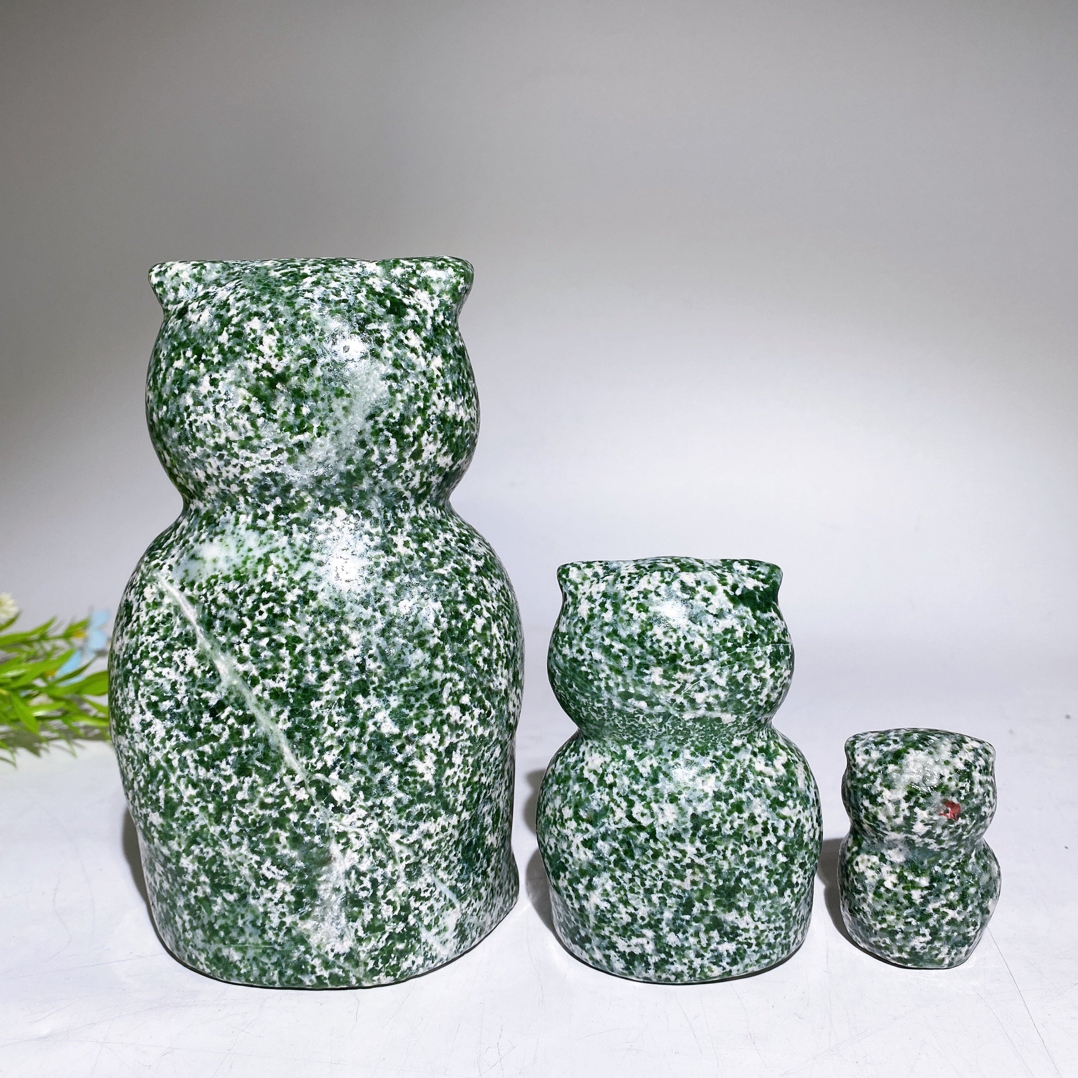 Hand Carved Crystal Owls Set Garnet Jasper Jade 2-6 inch