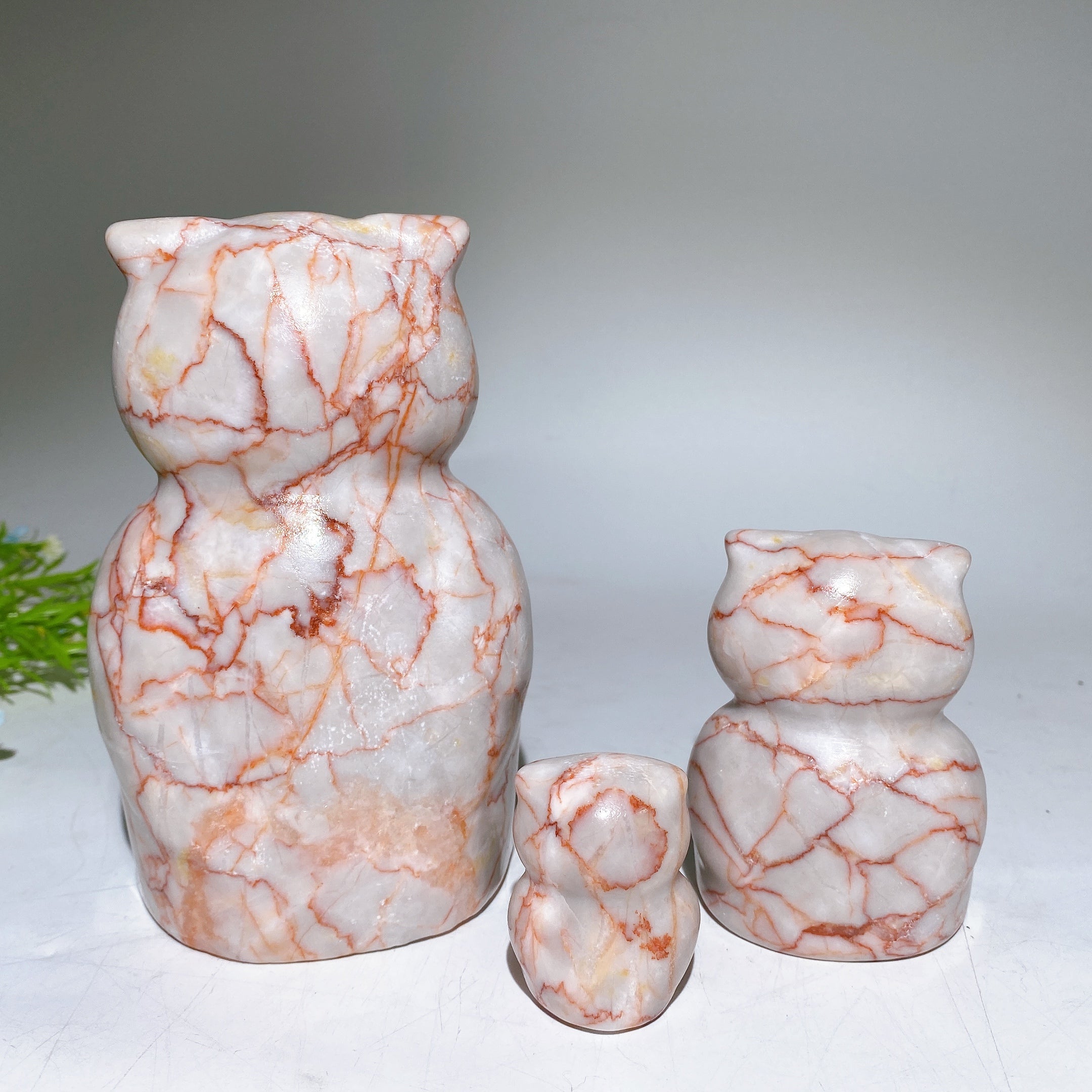 Hand Carved Crystal Owls Set Garnet Jasper Jade 2-6 inch