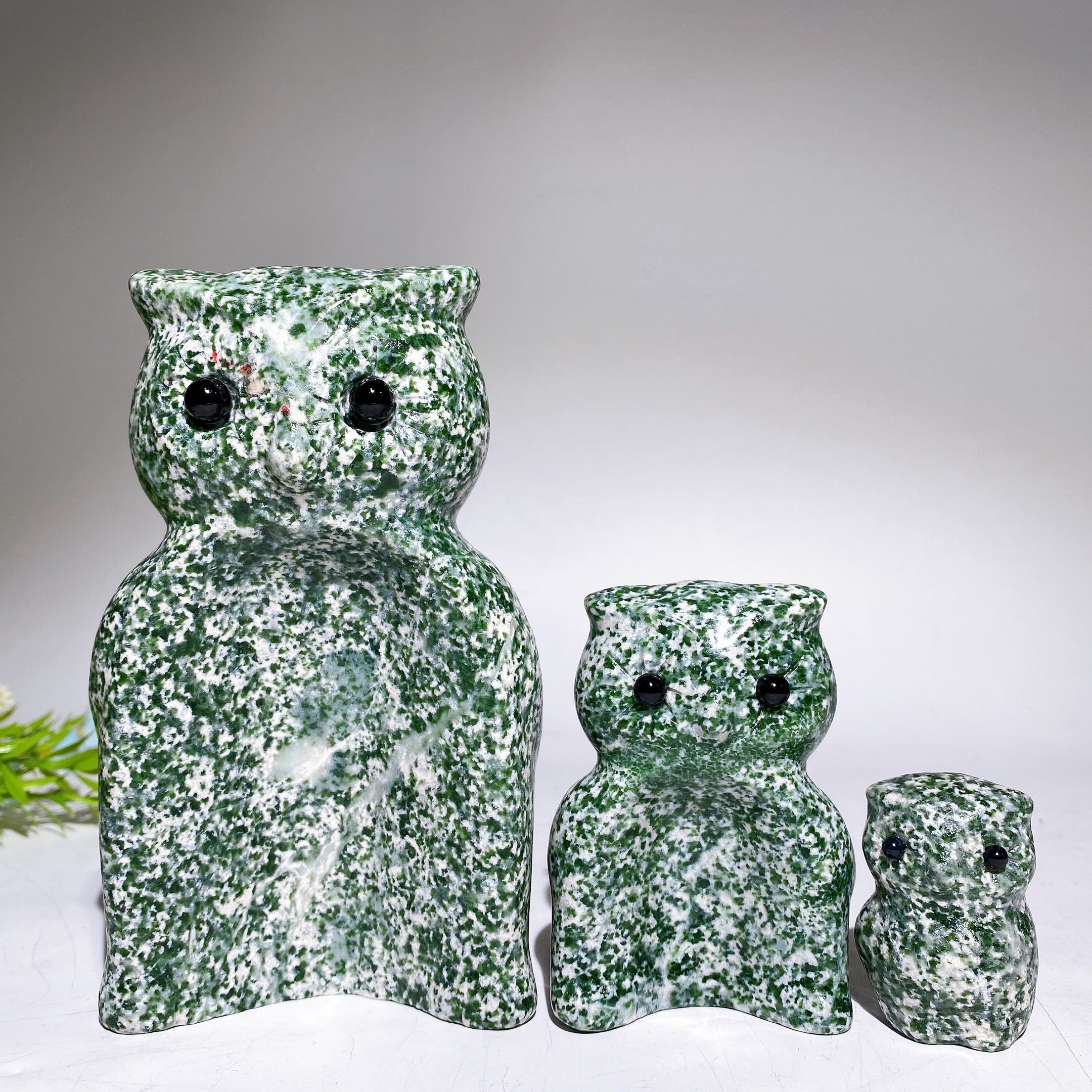 Hand Carved Crystal Owls Set Garnet Jasper Jade 2-6 inch