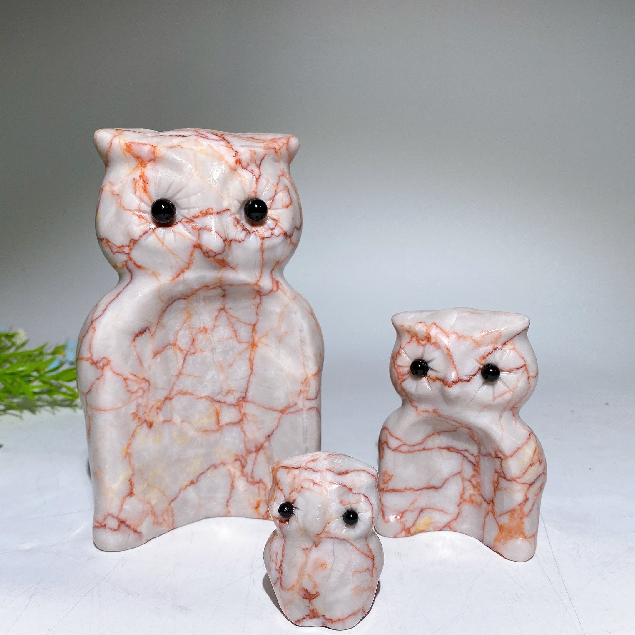 Hand Carved Crystal Owls Set Garnet Jasper Jade 2-6 inch