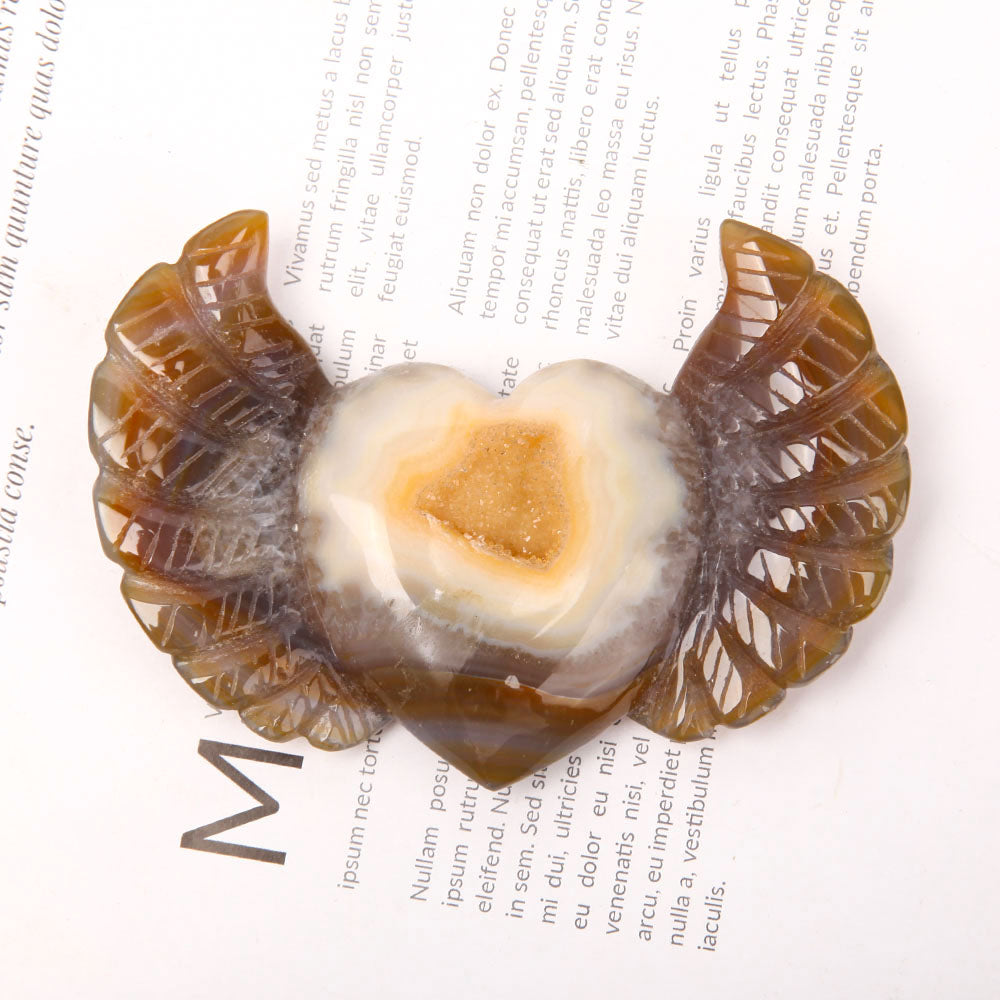 Hand Carved Druzy Agate Heart with Wings Crystal Figurine 4.2 Inch