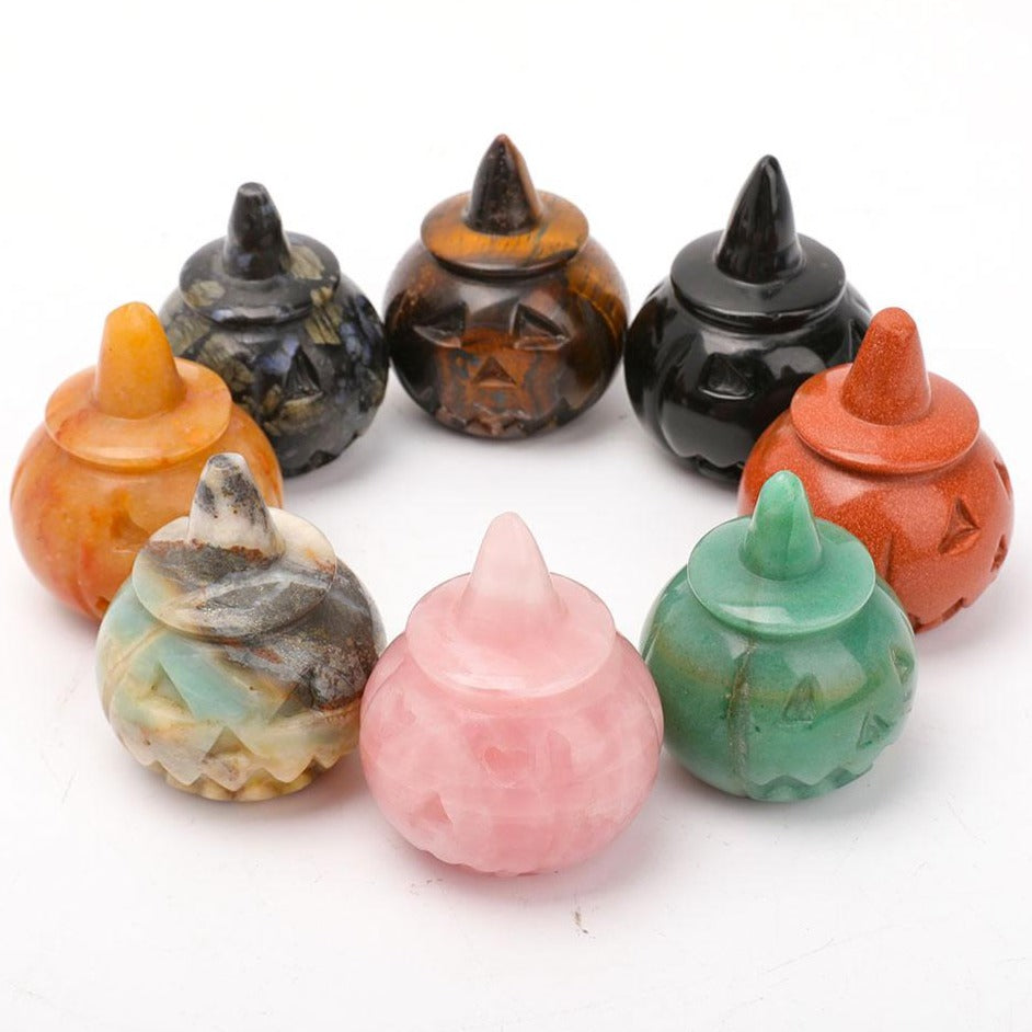 Hand Carved Gemstone Pumpkin Figurine 2" for Halloween Decor