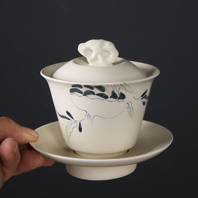 Hand Painted Ceramic Gaiwan Tea Cup With Lid 200ml | Zen Decor