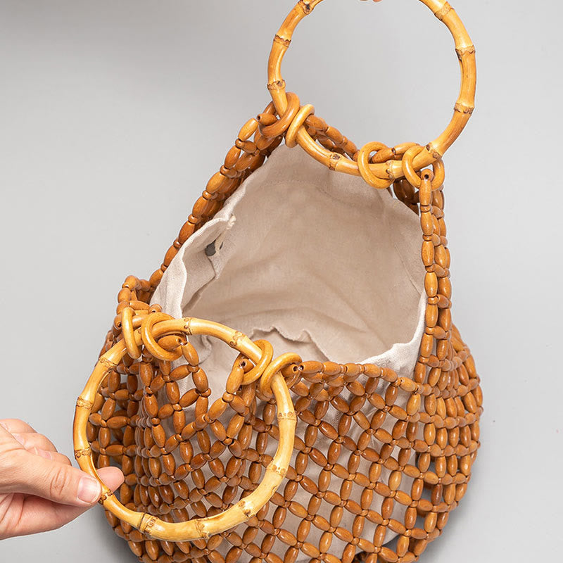 Hand-woven Wooden Beads Shoulder Bag with Bamboo Handle