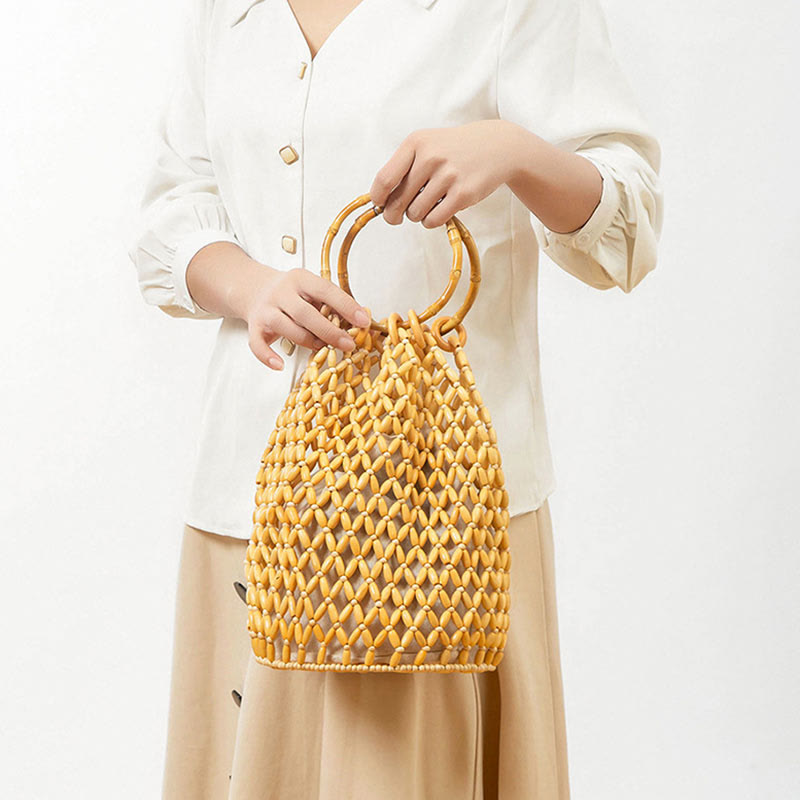 Hand-woven Wooden Beads Shoulder Bag with Bamboo Handle