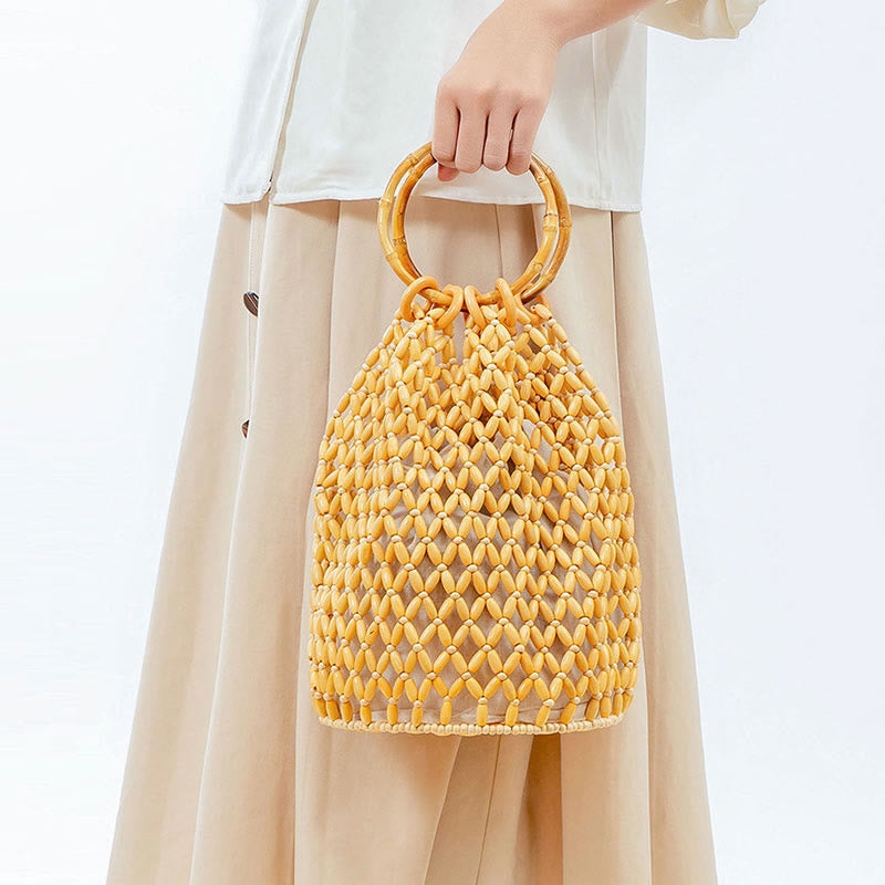 Hand-woven Wooden Beads Shoulder Bag with Bamboo Handle