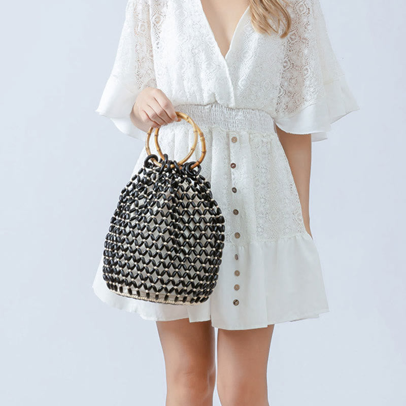 Hand-woven Wooden Beads Shoulder Bag with Bamboo Handle